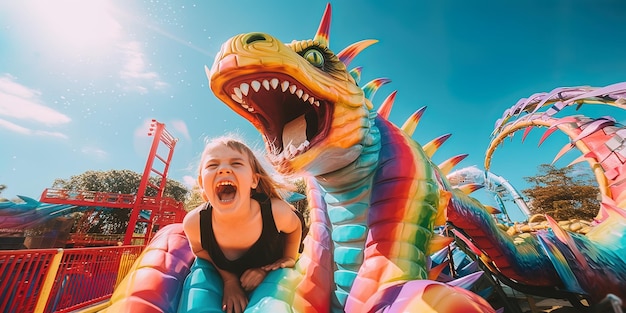 Foto un bambino è su un drago con la parola drago sulla parte anteriore