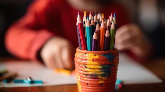 A child is drawing with colored crayons in a pencil holder