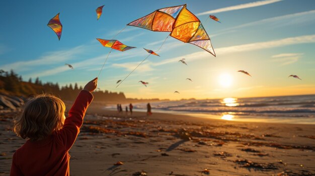 A child is flying a kite on a beach at sunset