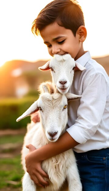 Photo a child is holding a goat and the other is smiling
