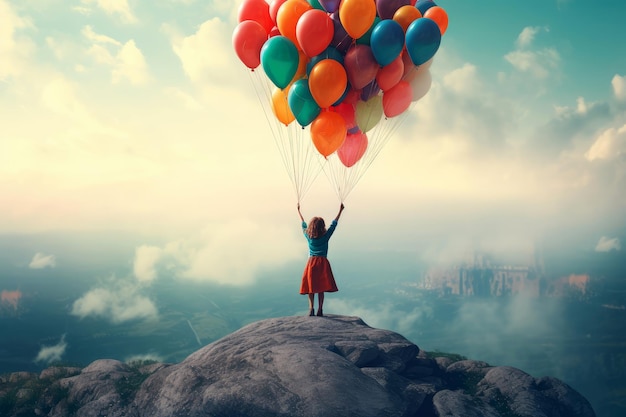 A child is holding many balloons on the top of the mountain