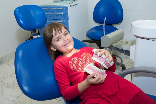 A child is holding a plastic jaw mock at the dentists