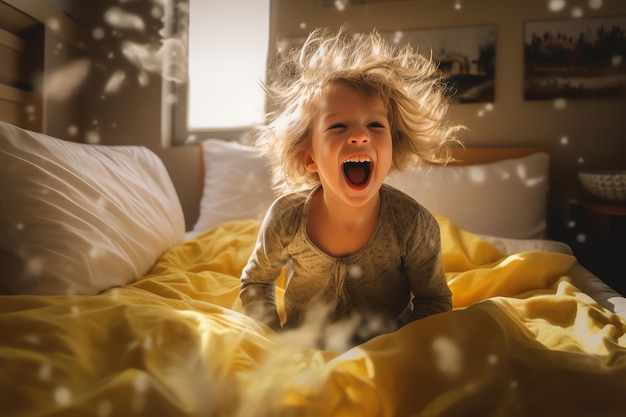 A child is jumping on a bed with a feather in the air.