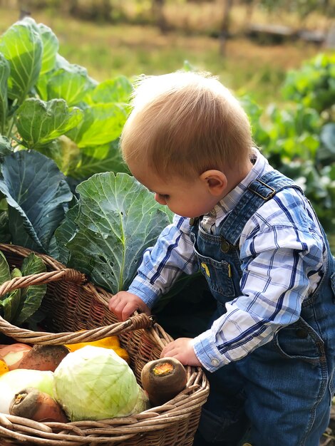 Foto il bambino è un piccolo contadino. assistente di fattoria.