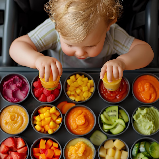 Foto un bambino sta guardando un vassoio di verdure