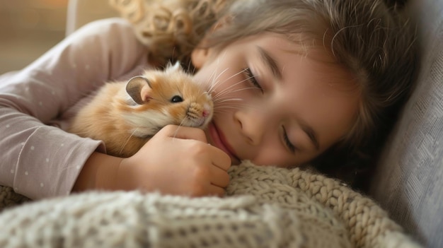 A child is lying on the couch with their eyes closed while their pet a fluffy hamster sits on their