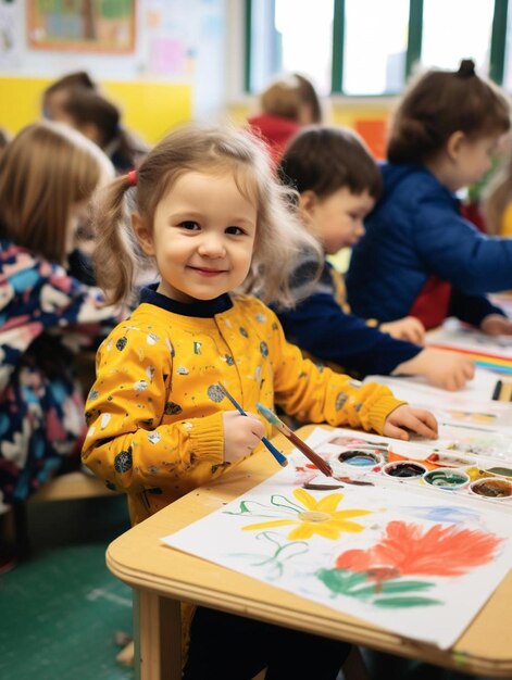 a child is painting a picture of a flower