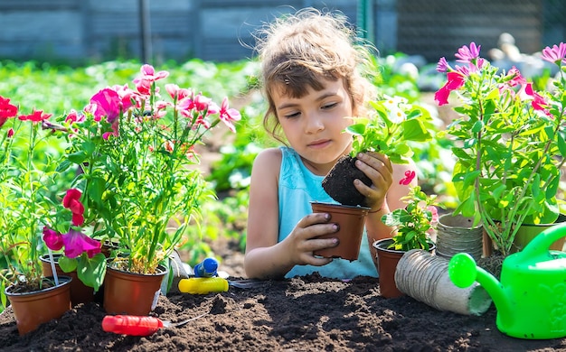 Ребенок сажает цветы в саду. Выборочный фокус.