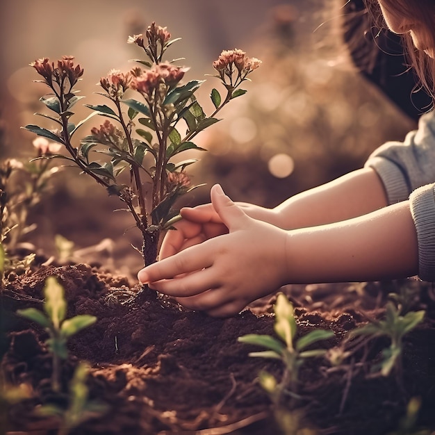 子供が庭に花を植えています