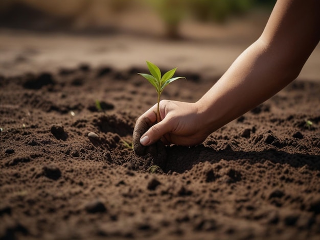 子供が土に植物を植えています