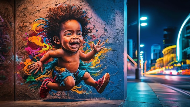 a child is playing in a mural of a child with a firework on the wall