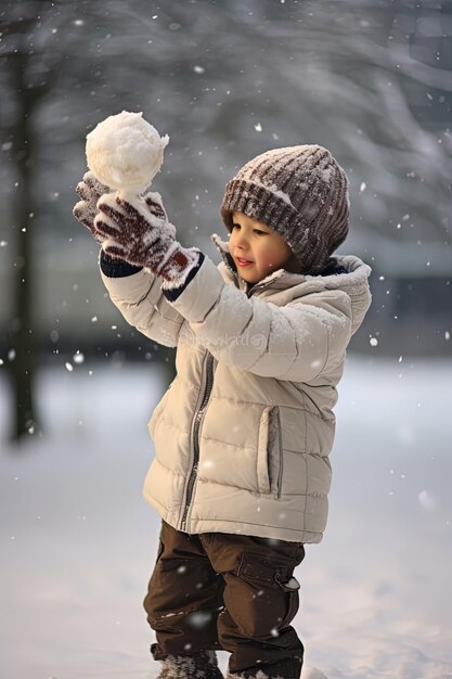 ребенок играет в снегу со снежным шаром