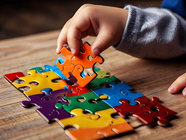 a child is playing with autism puzzle pieces and colorful jigsaw on a table