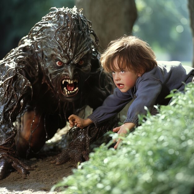 Photo a child is playing with a black monster in the woods