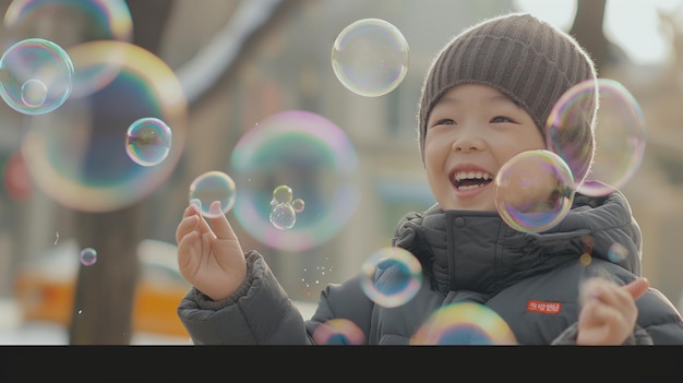 Photo a child is playing with bubbles and the word  i love  on the front