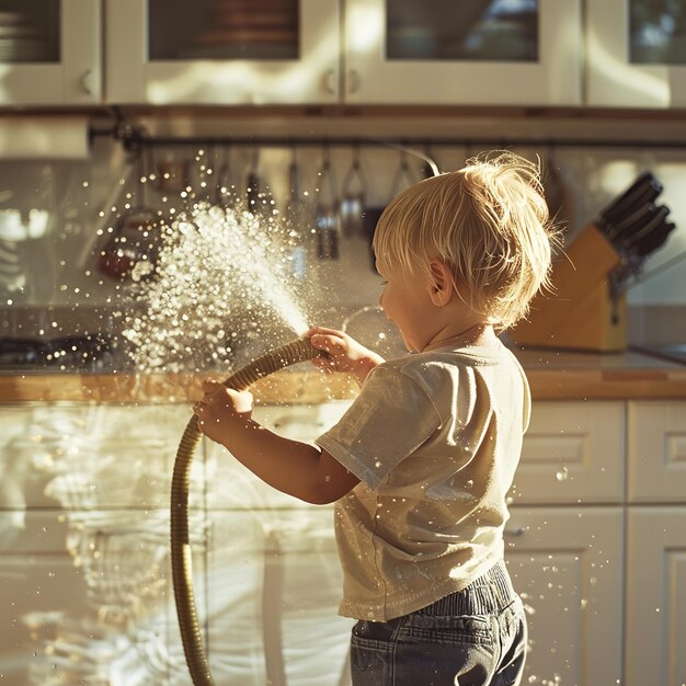 a child is playing with a hose that has water coming out of it