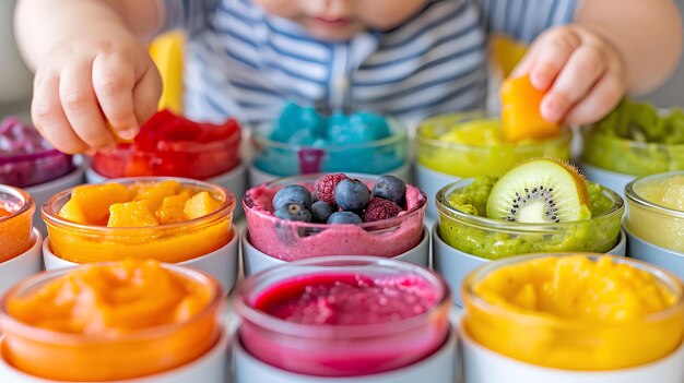 A child is putting fruit into small containers