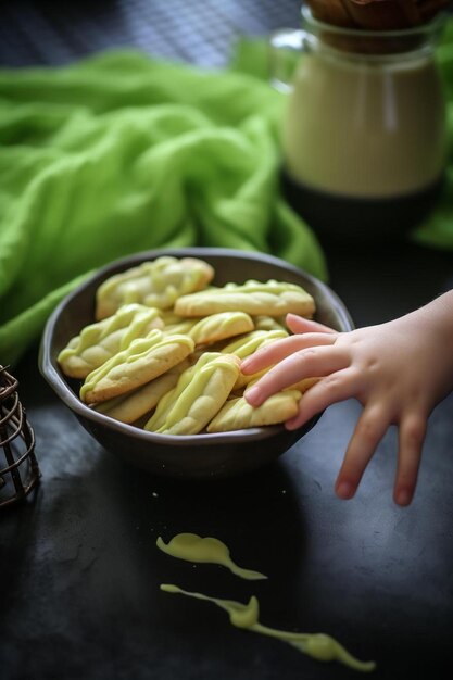 Photo a child is reaching for a cookie that is in a bowl