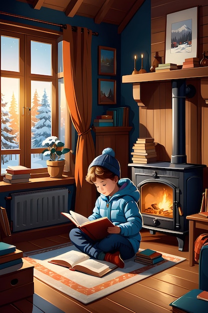暖かく居心地の良い部屋で子供が本を読んでいる