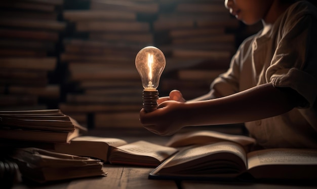 A child is reading a light bulb in a dark room.