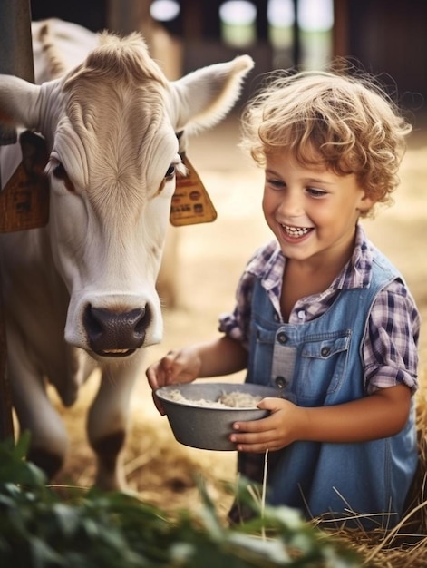Photo a child is smiling and holding a bowl of cereal