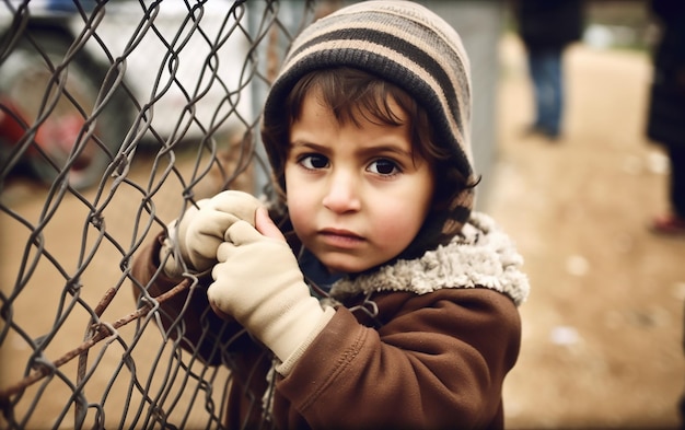 A child is standing behind a fence and looking through a chain link fence