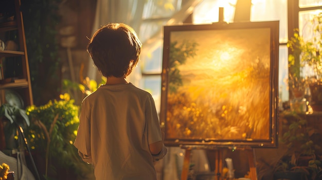 A child is standing in front of an easel in an open room