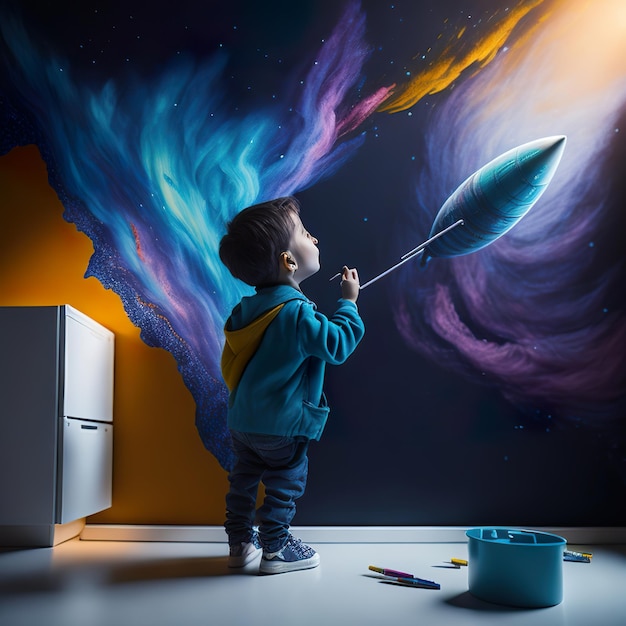 Photo a child is standing in front of a painting of a nebula.