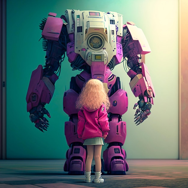 The child is standing next to the robot generative AI