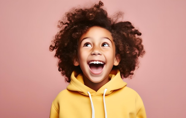 Child is Surprised and excited opening eyes and mouth Bright solid light color background