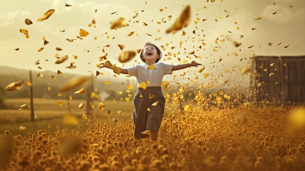 A child is surrounded by autumn leaves