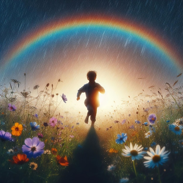 a child is walking in the rain with a rainbow in the background