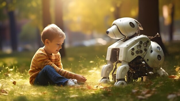 Photo child is walking with a robotic pet dog in the park