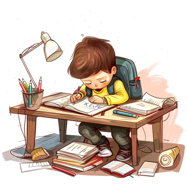 Photo a child is writing in a book with a pencil and a pencil on the table