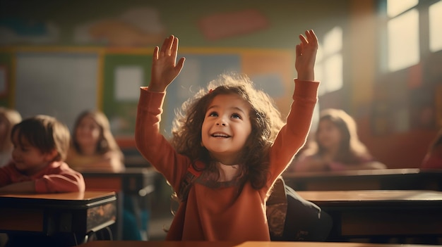 A child joyfully raising their hand in a classroom setting