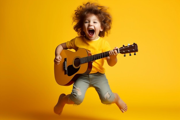 노란색 배경에서 기타를 치며 노래하는 점프하는 아이 Generative Ai