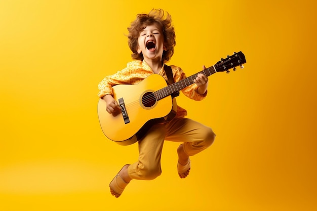 A child jumping playing guitar and singing on a yellow background Generative Ai