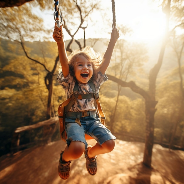 Foto bambino che salta su una zip line tirolina zipline