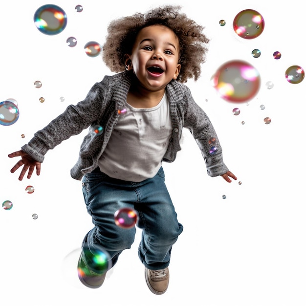 A child jumps in the air with a white background.