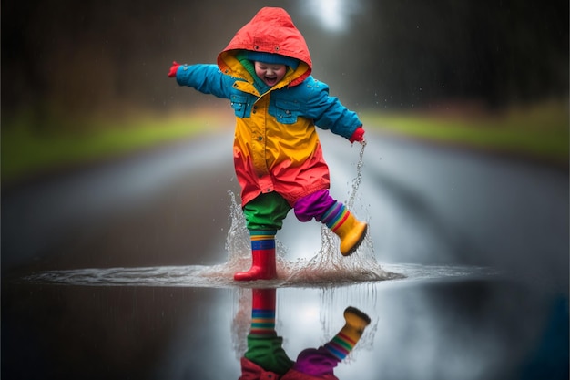 A child jumps in a puddle with his feet up and his rain boots are wearing rain boots.