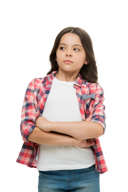 Child keep arms crossed isolated on white Little girl with cute face and brunette hair Casual look and fashion Beauty salon Keep calm and stay classy