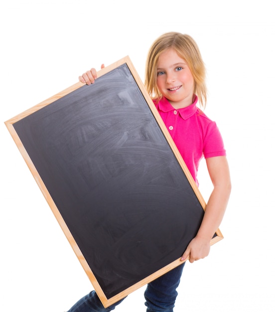 child kid happy girl holding blank blackboard copyspace