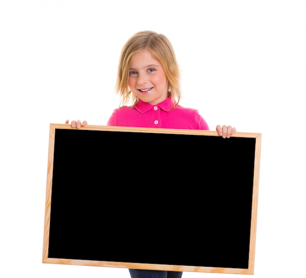 child kid happy girl holding blank blackboard copyspace