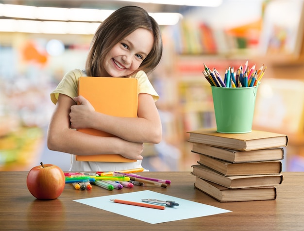 Photo child kid happy studying closeup funny school