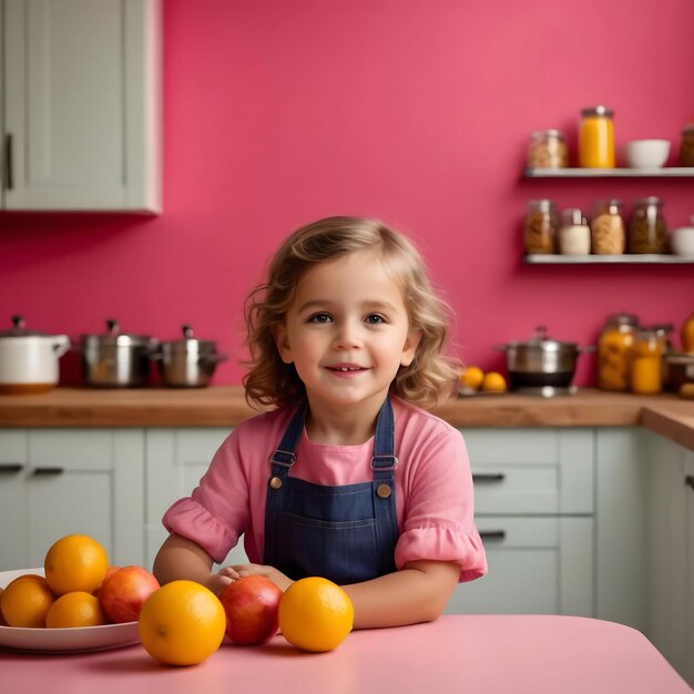 Child in a kitchen with colorful walls in the style of commercial imagery advertising photography