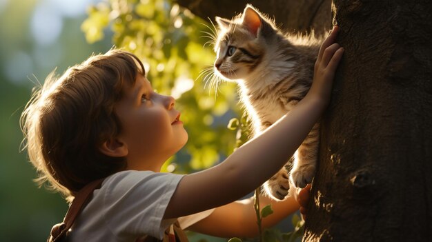 Photo a child and kitten learning to climb small wallpaper