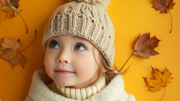 Child in knit hat with fallen leaves on isolated yellow background