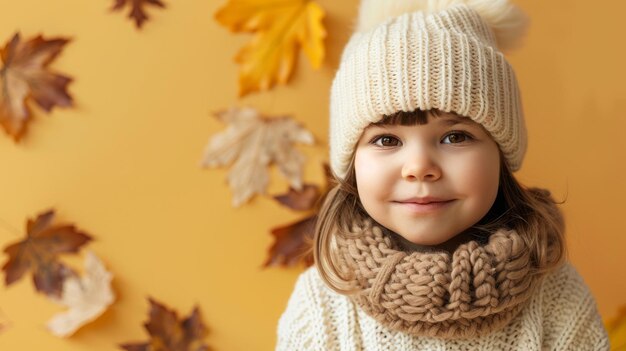 Child in knit hat with fallen leaves on isolated yellow background