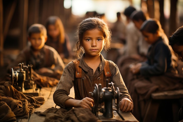 Child labour children sewing clothes for textile and fashion industry social issue