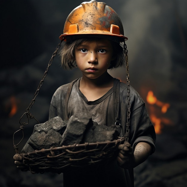 child labour working wear dusty hard hat holding coil AI generated